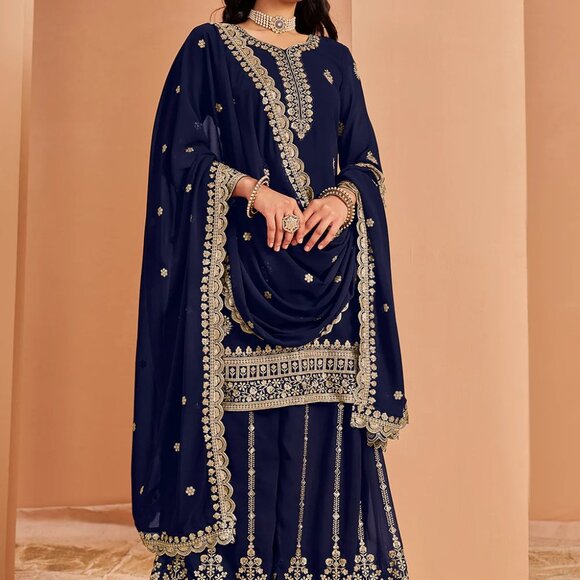 Regal Charm Navy Blue Pakistani Zari Embroidered Faux Georgette Festive Palazzo - Picture 5 of 5